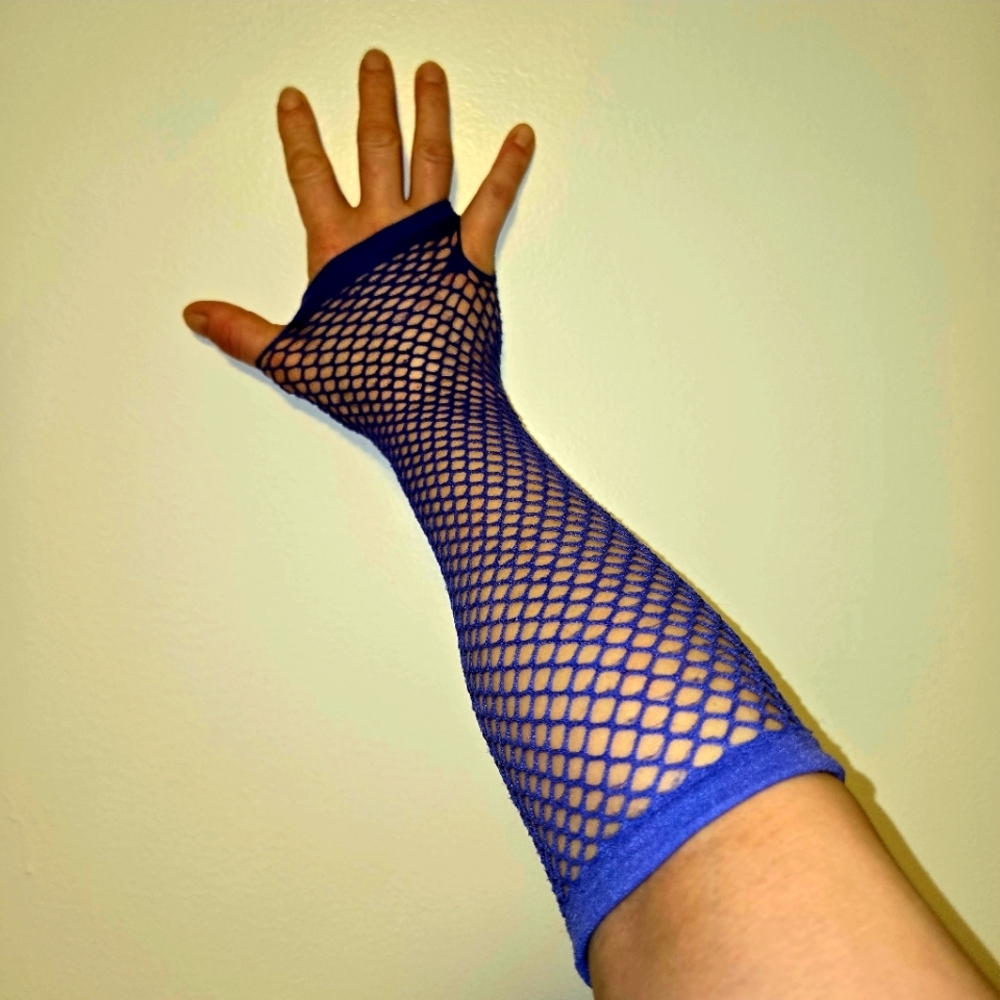 Long ( one ) blue Fingerless, Fishnet Arm Warmer party Glove